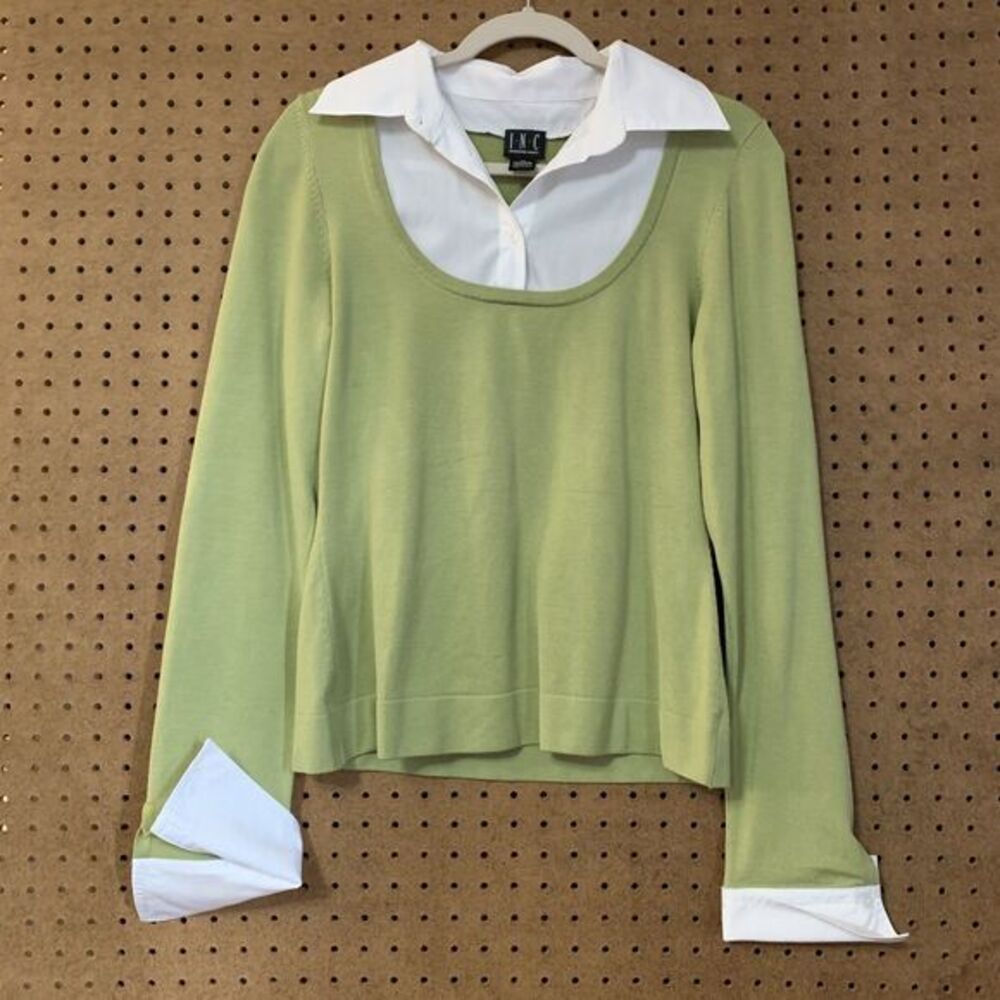 INC Blouse Sweater Collar Top Silk Green White Y2K‎ 90s Preppy XL Layering